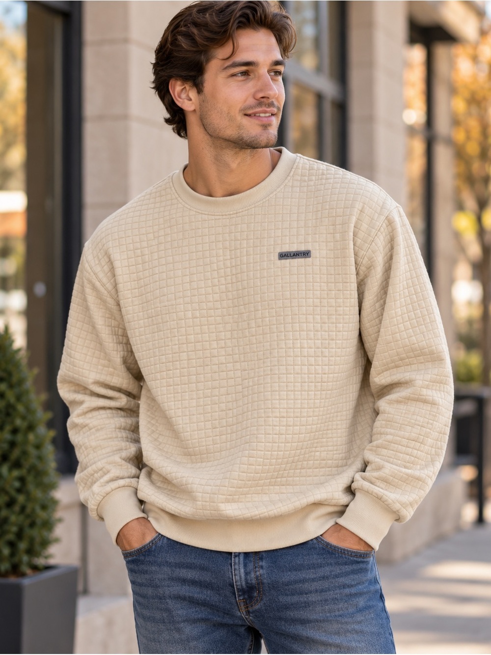 Gallantry Men’s Medium Beige Grid Textured Crewneck Sweatshirt Minimalist